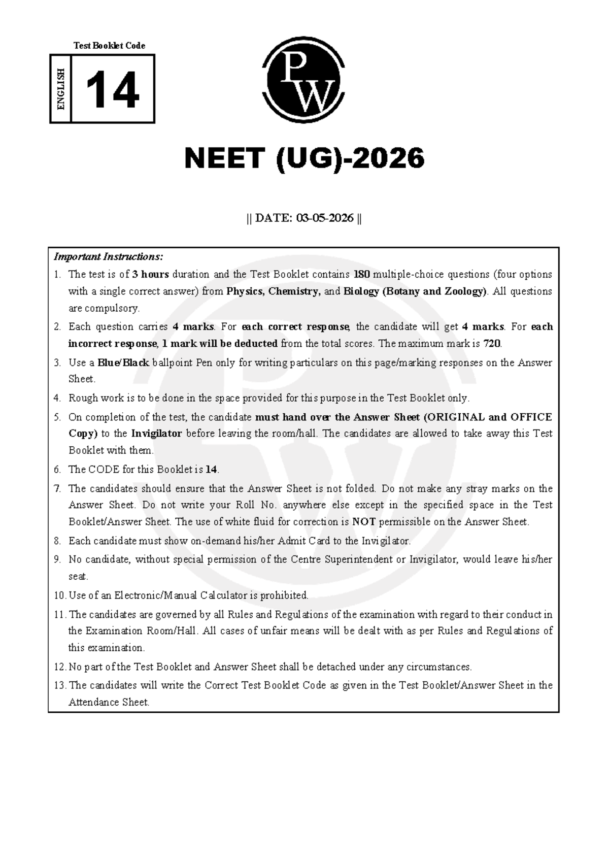 NEET 14: Important Instructions for English Test Booklet - Studocu