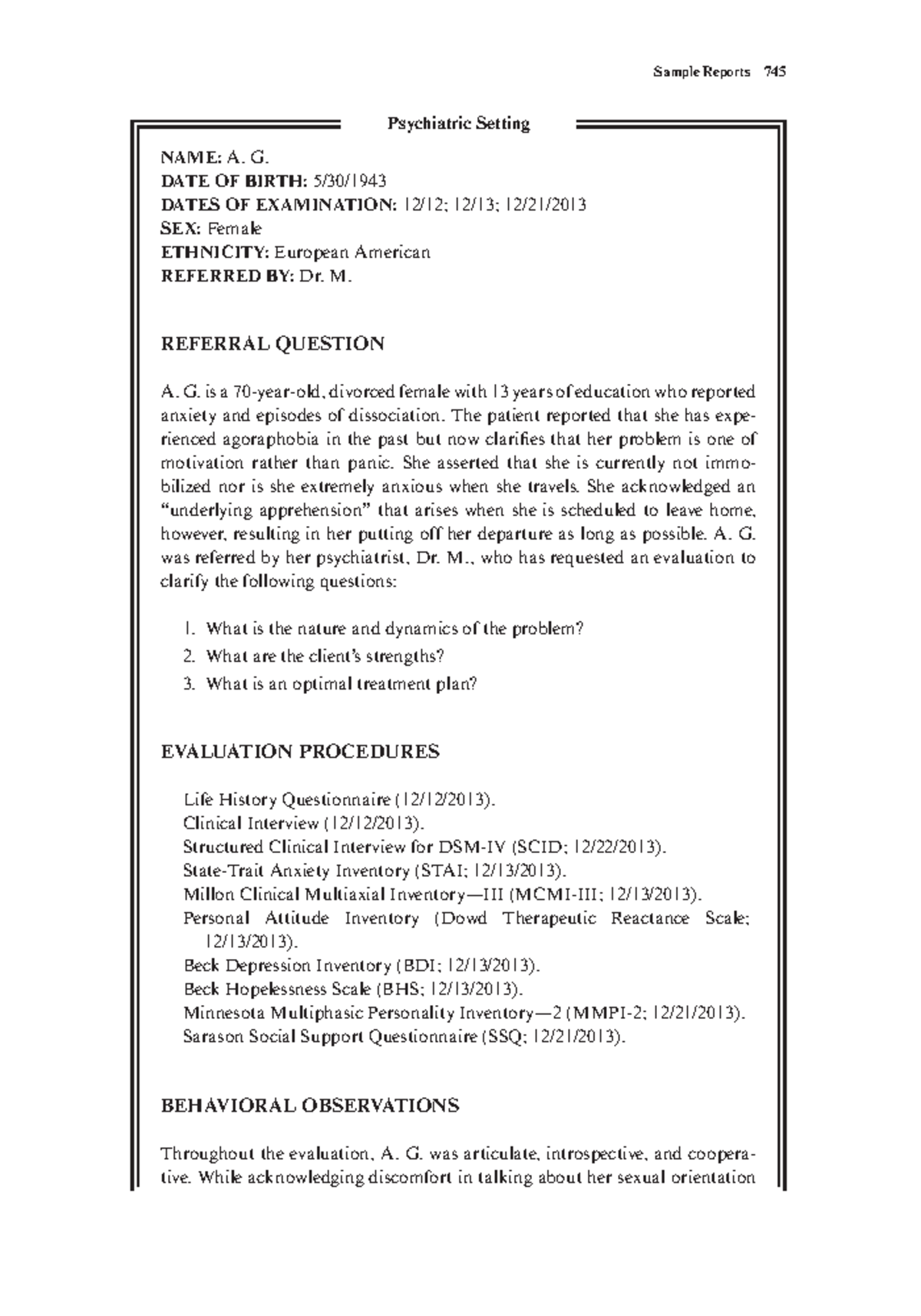 Sample Reports - notes - Sample Reports 745 Psychiatric Setting NAME: A ...