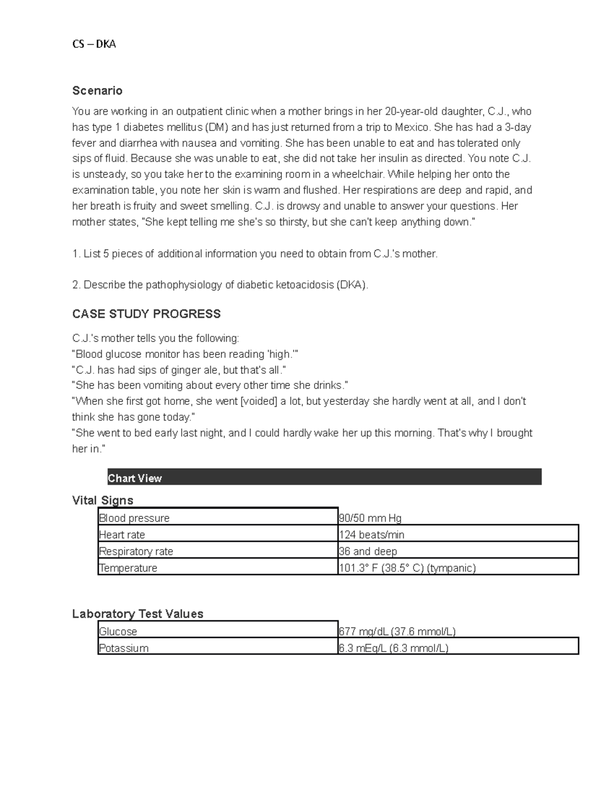 CS - Diabetic Ketoacidosis Case Study Analysis and Interventions - Studocu