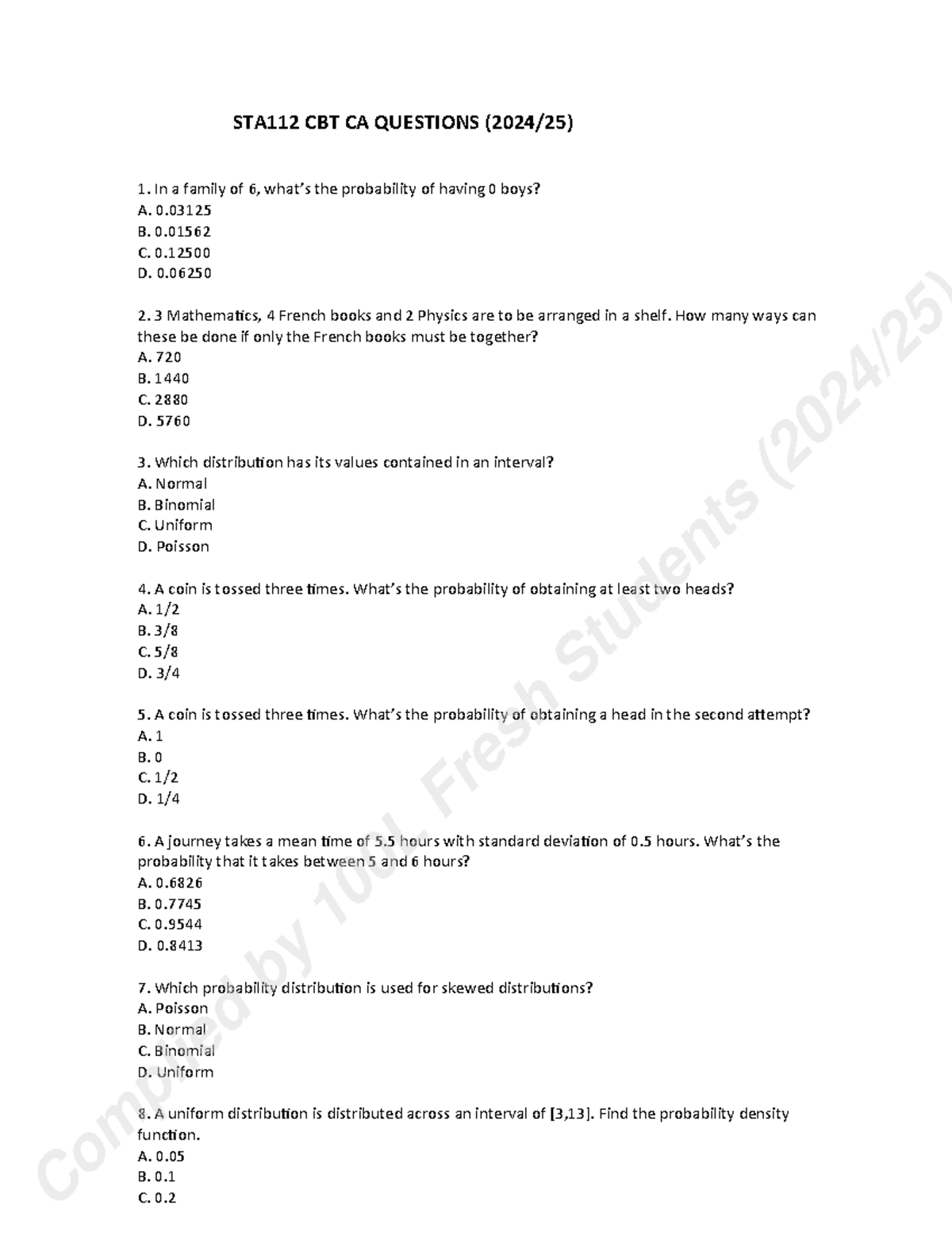 STA112 CBT CA Probability and Statistics Questions - Studocu