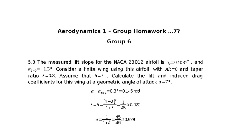 Aerodynamics 1 Group HW 7: Lift and Drag Coefficients Analysis - Studocu