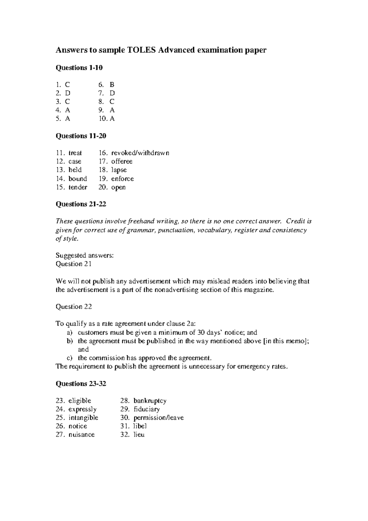 TOLES Advanced Exam Sample Answers and Suggested Responses - Studocu