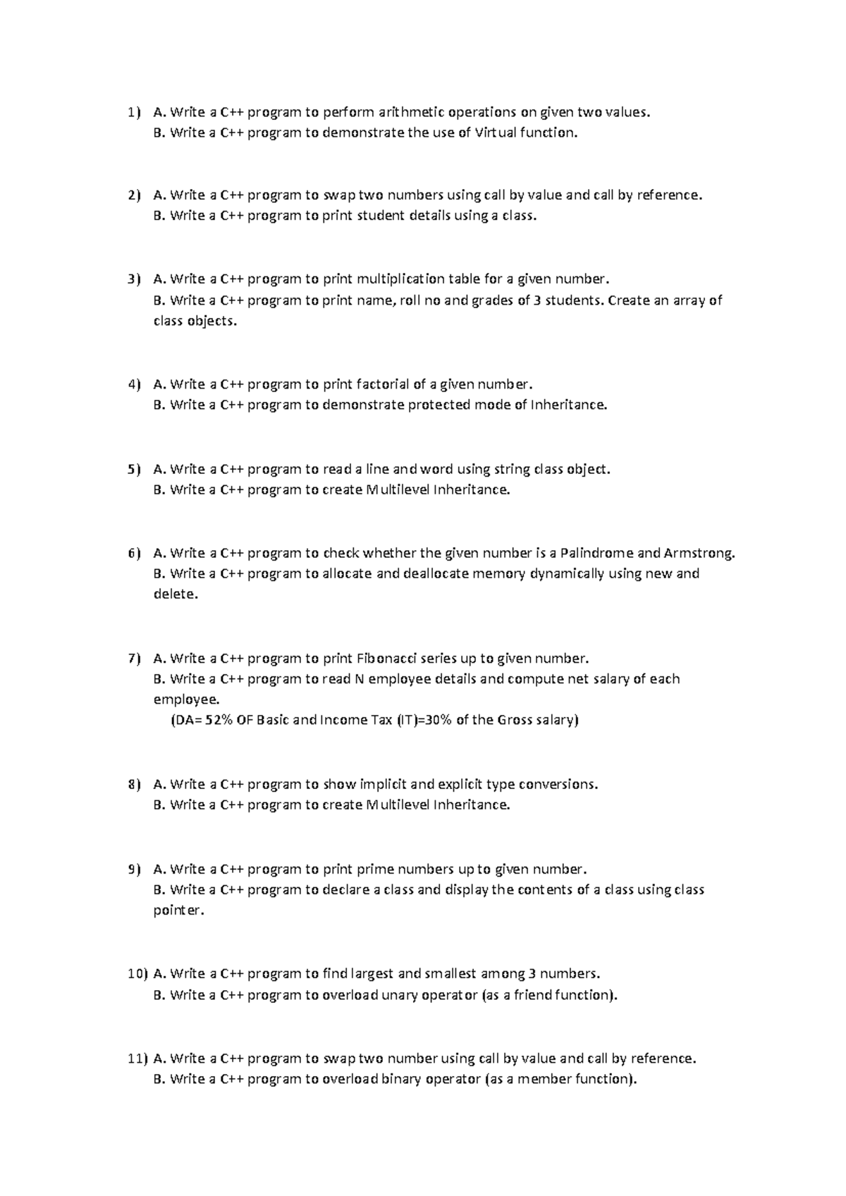 Lab Internal Questions for OOPC++: Programming Exercises & Concepts ...