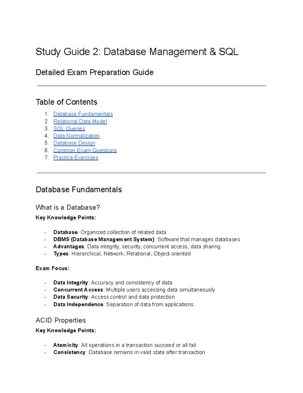 Study Guide 2: SQL Database Management Exam Prep Guide - Studocu