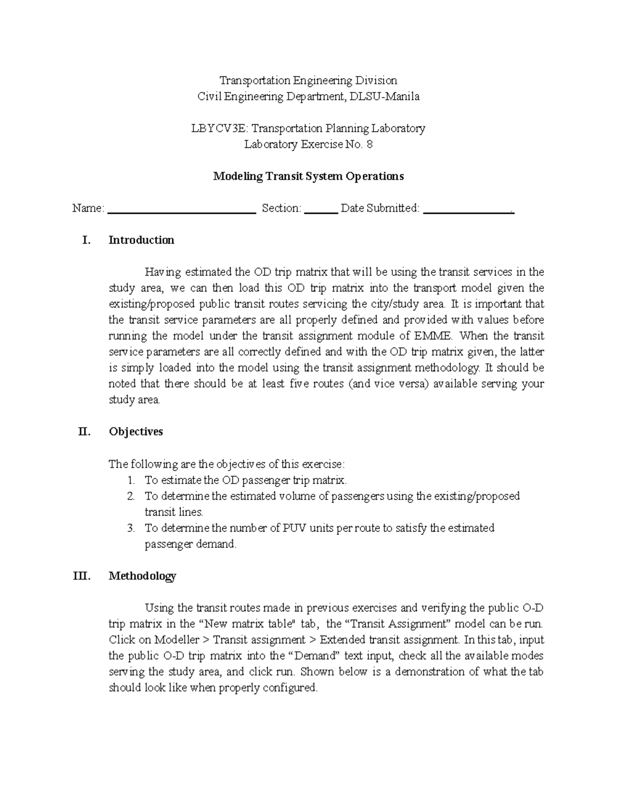 LBYCV3E: Transit System Operations Modeling - Lab Exercise 8 - Studocu