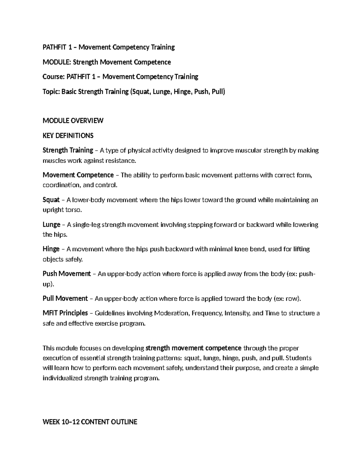 PATHFIT 1 Strength Movement Competence Training Module Overview - Studocu