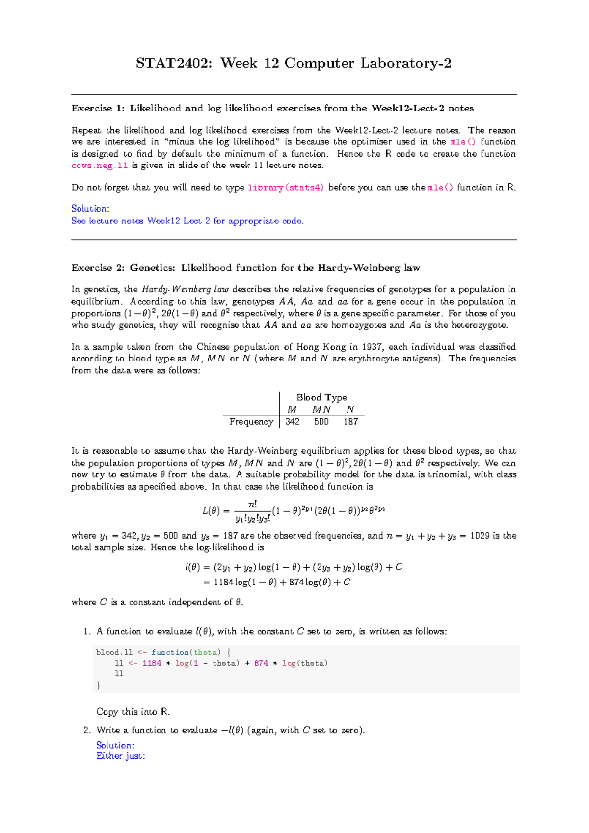 STAT2402: Week 12 Lab Exercises on Likelihood Functions and MLE - Studocu
