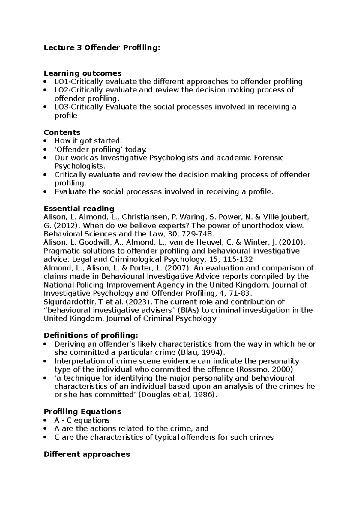Lecture 3: Evaluating Approaches to Offender Profiling and Decision ...