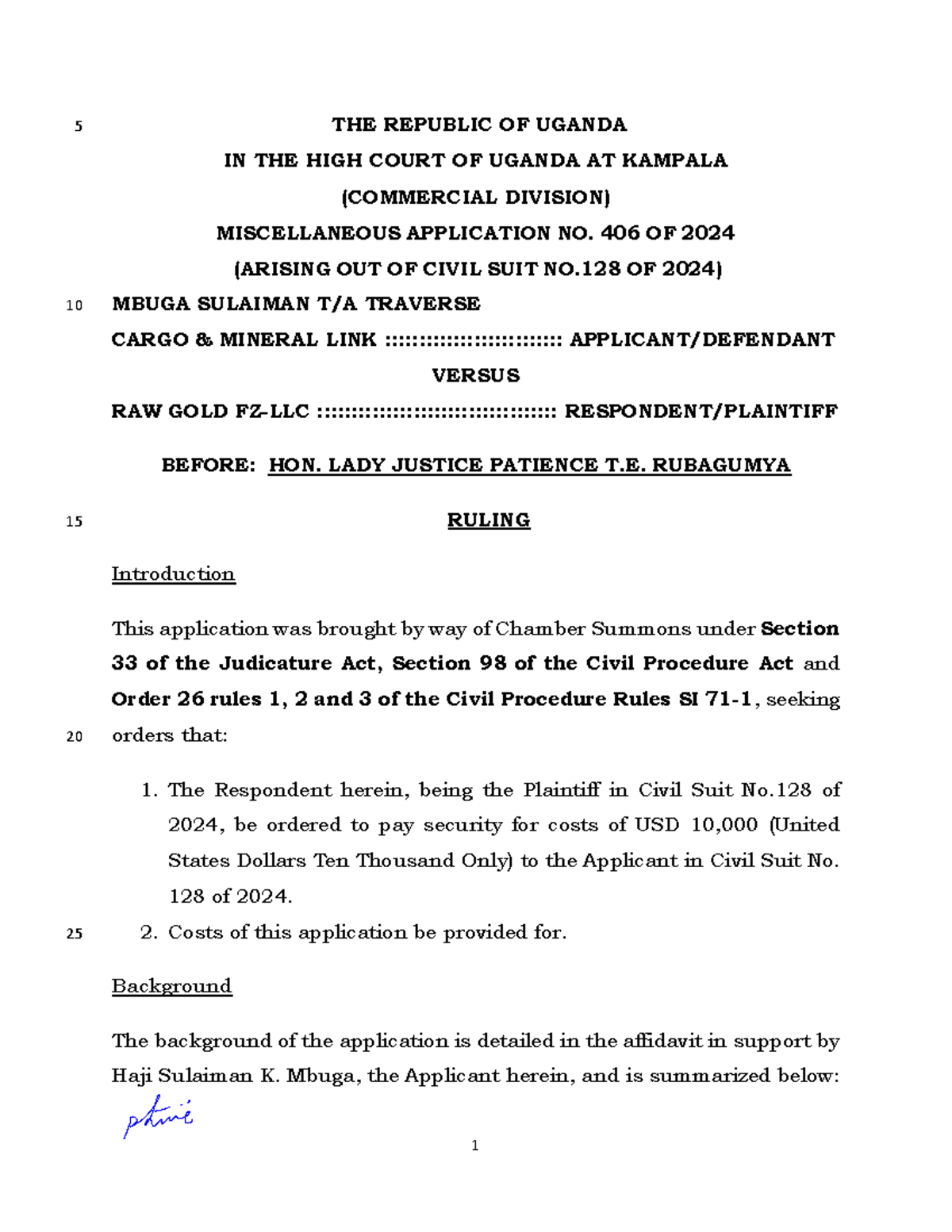 Mbuga v Raw Gold Fzllc: Security for Costs Application Ruling - UGComm ...