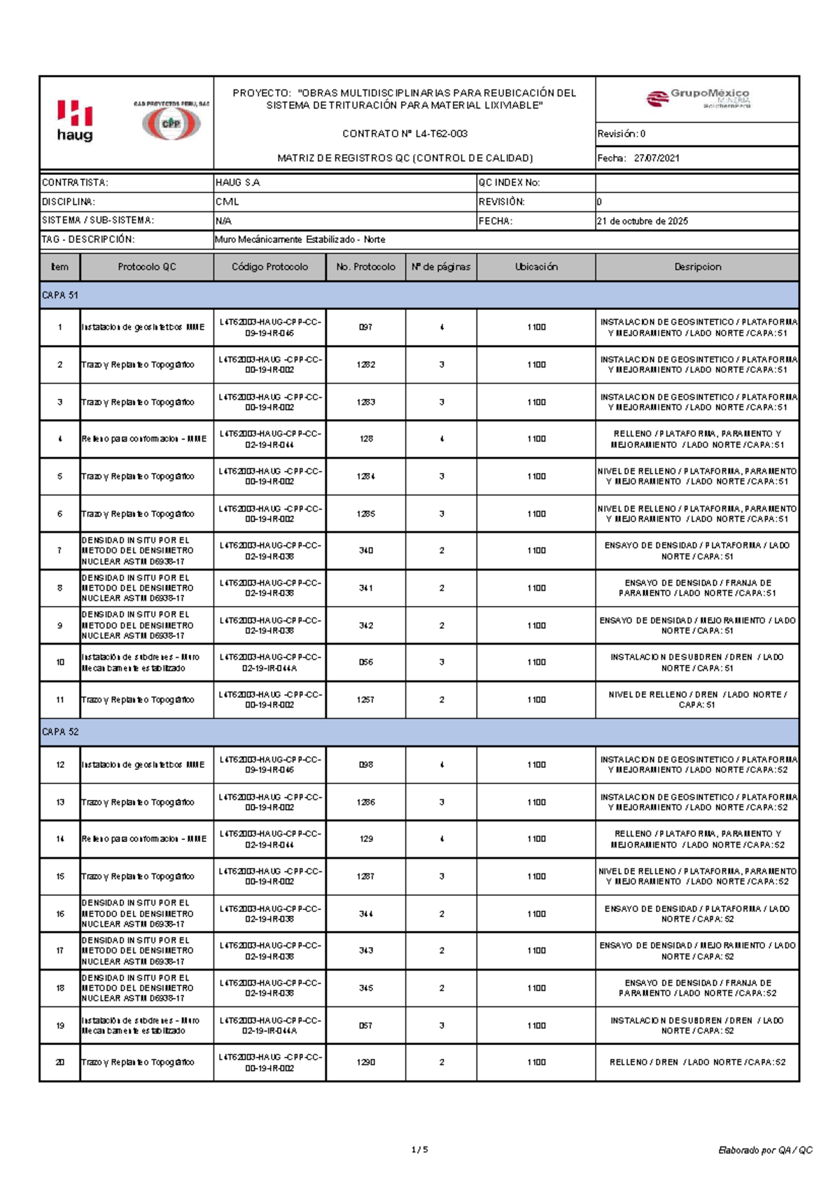 MATRIZ DE REGISTROS QC - PROYECTO L4-T62-003: CAPAS 51 A 60 - Studocu