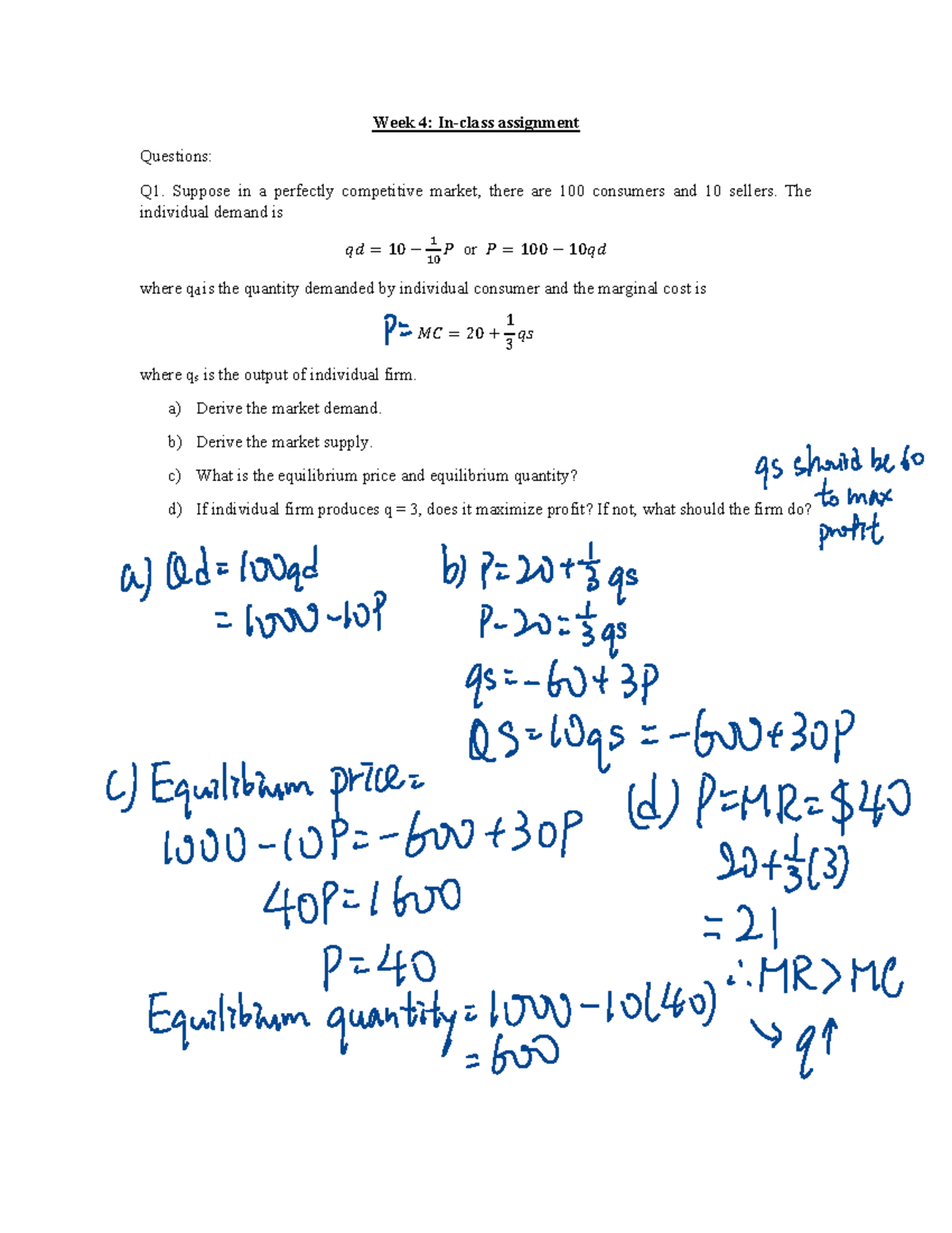 Week 4: In-Class Assignment on Market Equilibrium & Surplus Analysis ...