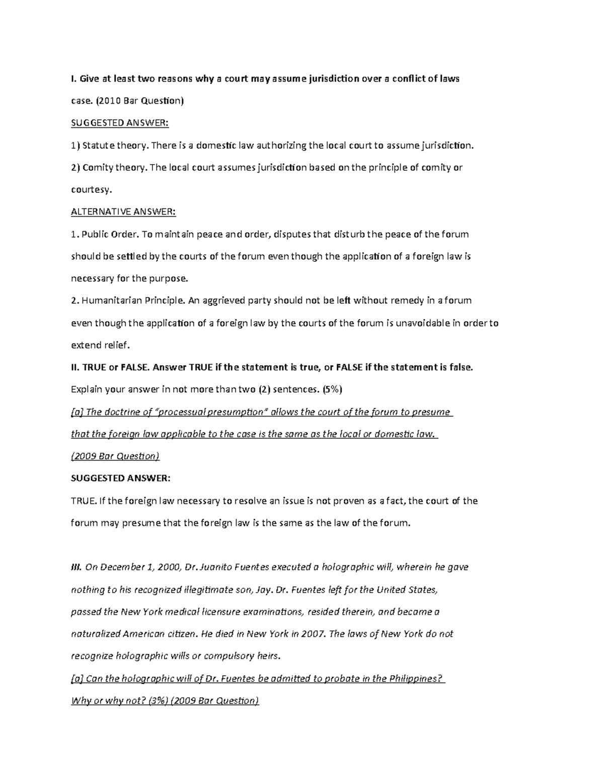COL BAR Q - Conflict of Laws Jurisdiction and Case Analysis - Studocu