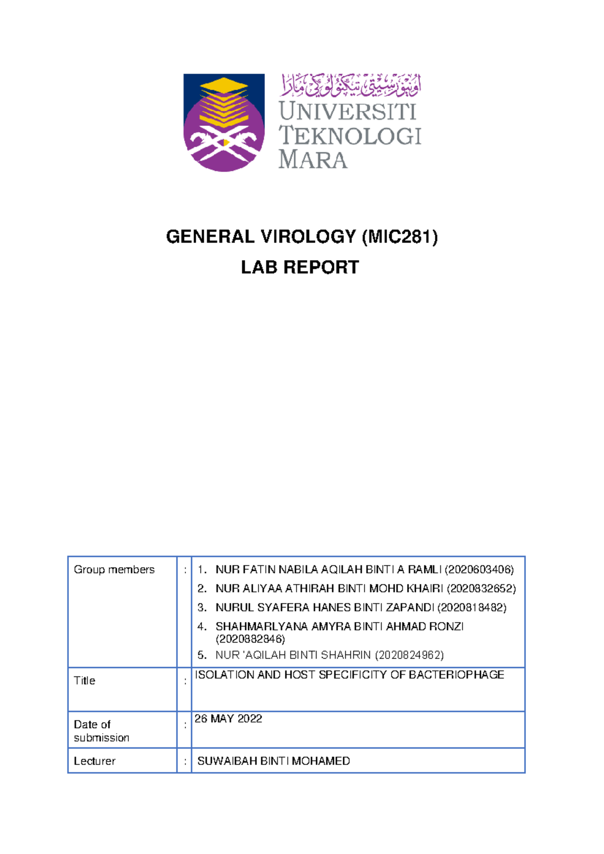 LAB Report on Isolation & Host Specificity of Bacteriophage (MIC281 ...