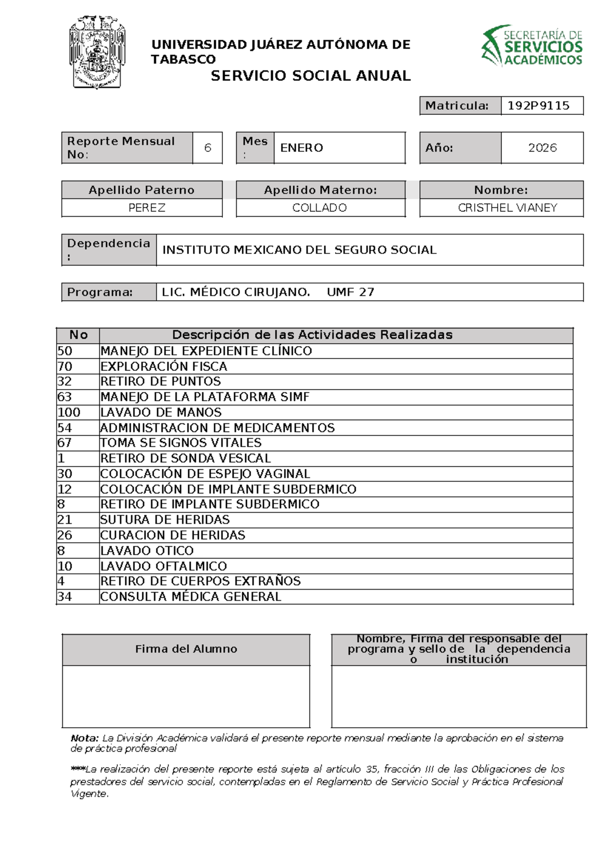 Reporte Mensual de Servicio Social No. 6 - Enero 2026 - Studocu