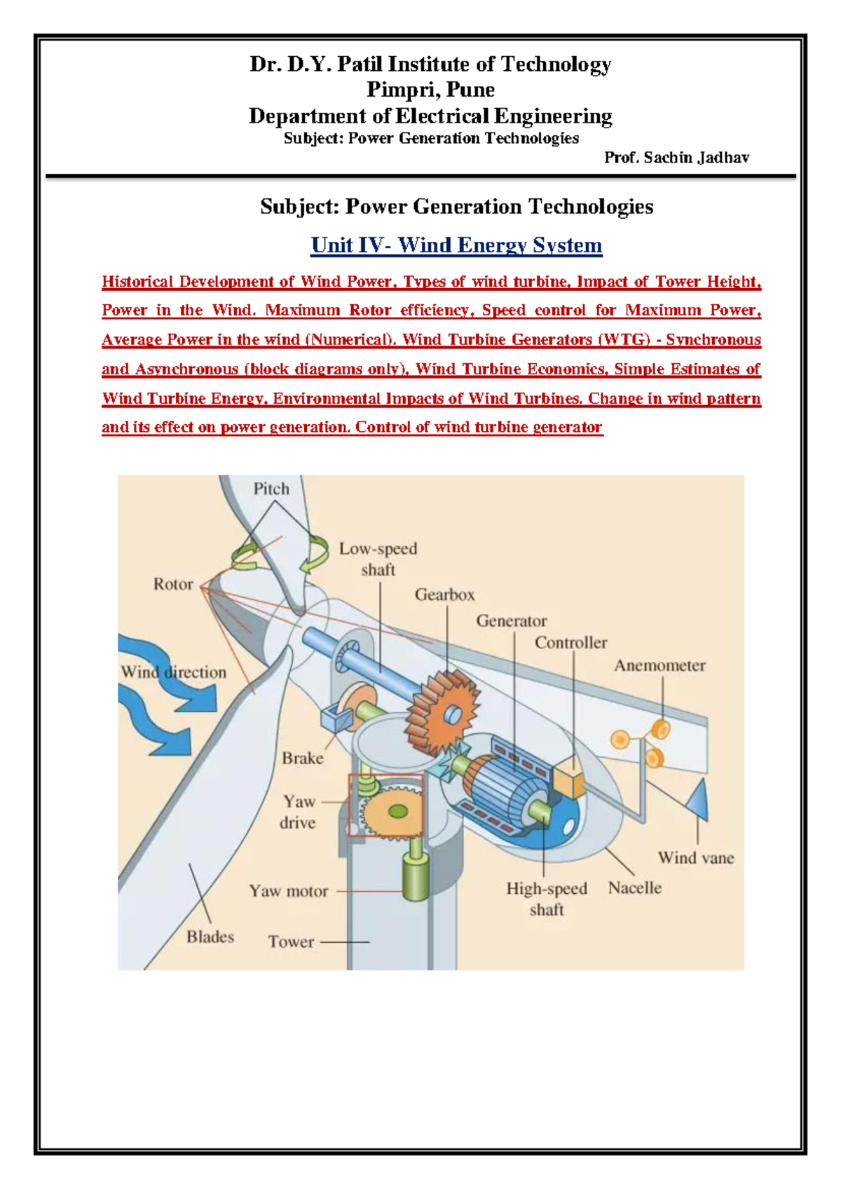 Power Generation Technologies (EE-101): Wind Energy Systems Overview ...