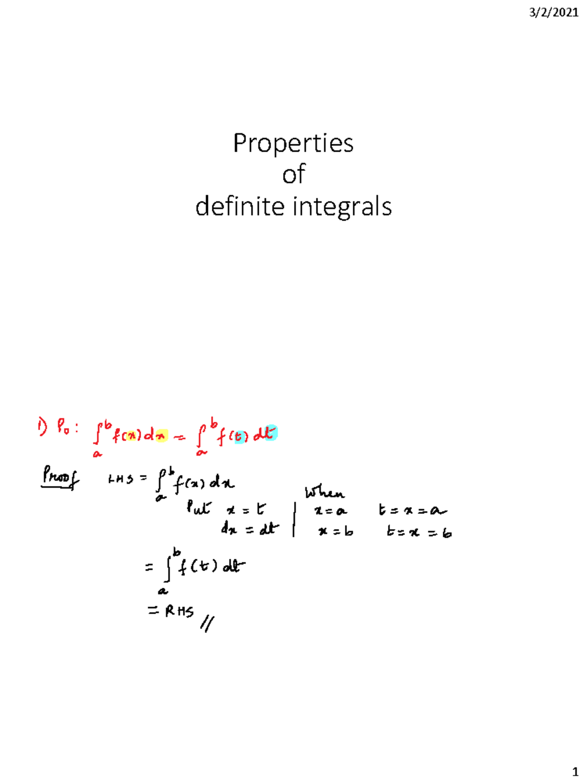 7.2 Properties of Definite Integrals: Proofs and Applications - Studocu