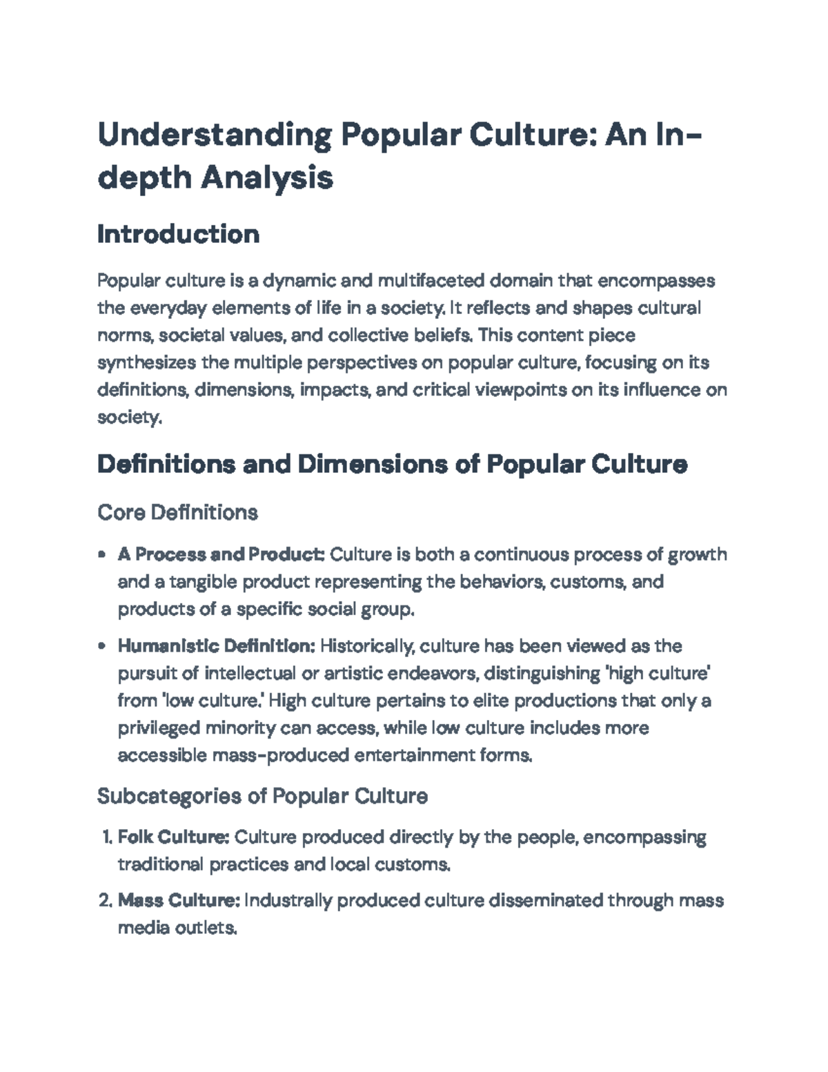 Analyzing Popular Culture: Definitions, Dimensions, and Influences ...