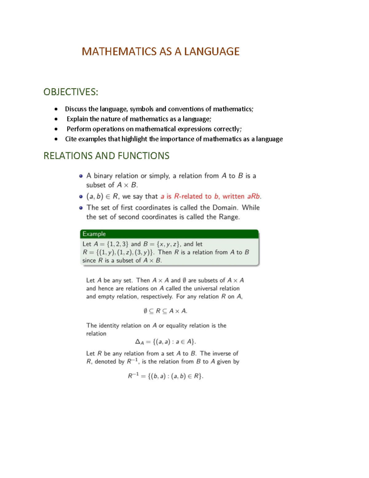 Mathematics AS A Language - MATHEMATICS AS A LANGUAGE OBJECTIVES ...