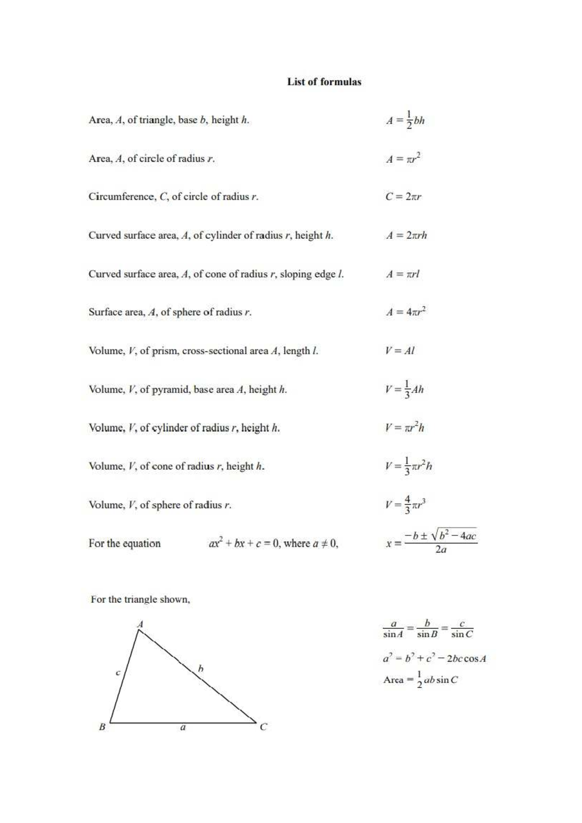 Equations - Topic Wise Test: Formulas for Area, Volume & Sequences ...