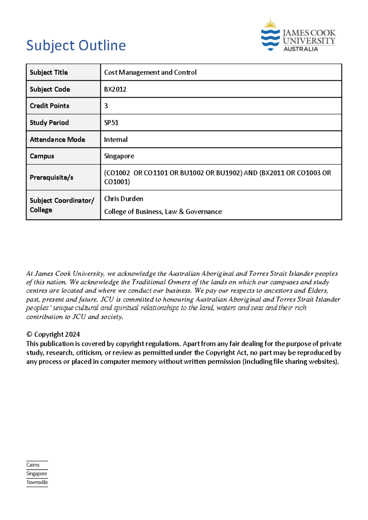 BX2012 SP51 INT - Cost Management and Control Subject Outline - Studocu