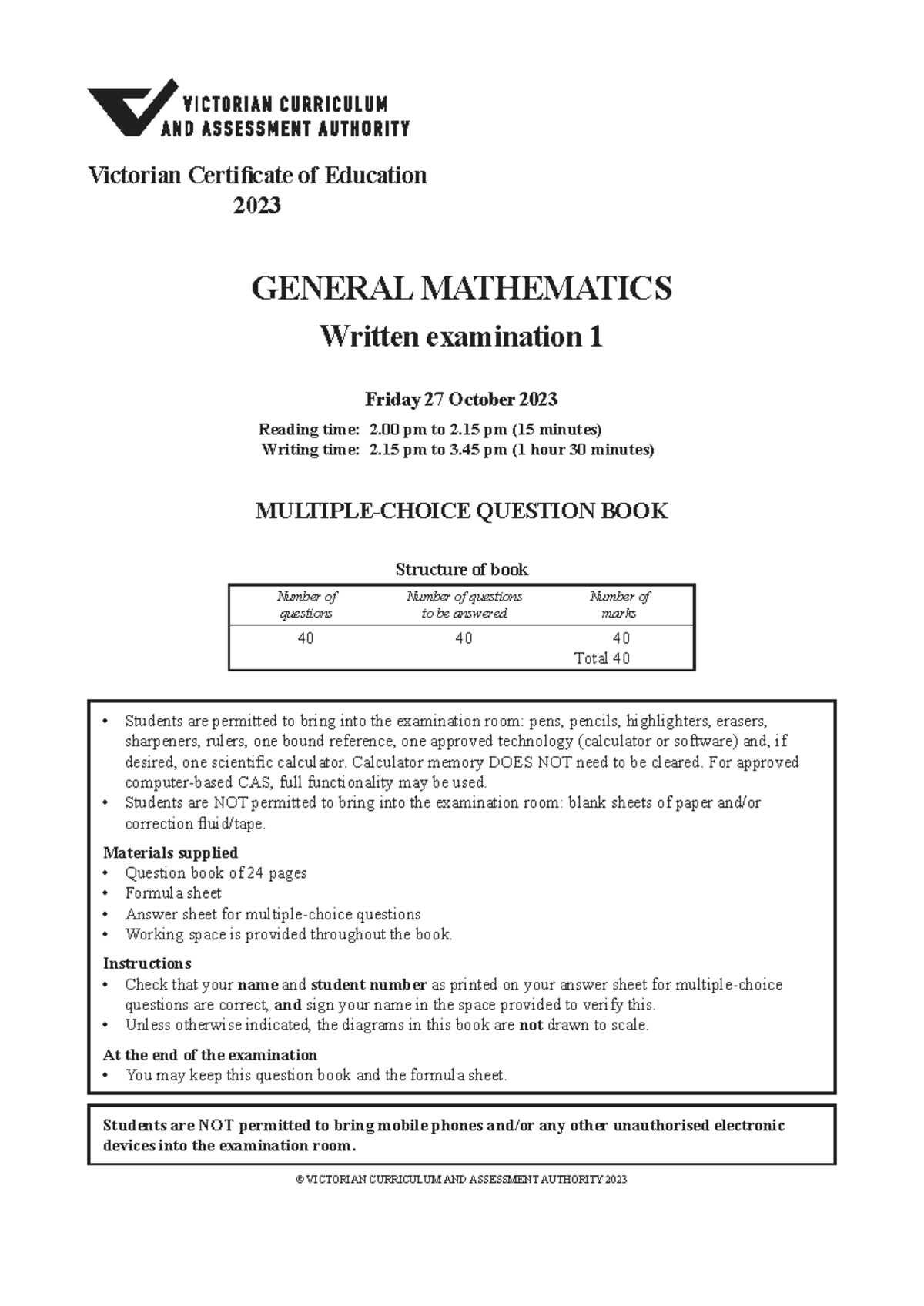 2023 GENMATH 1 - Practice Exam Questions and Guidelines - Studocu