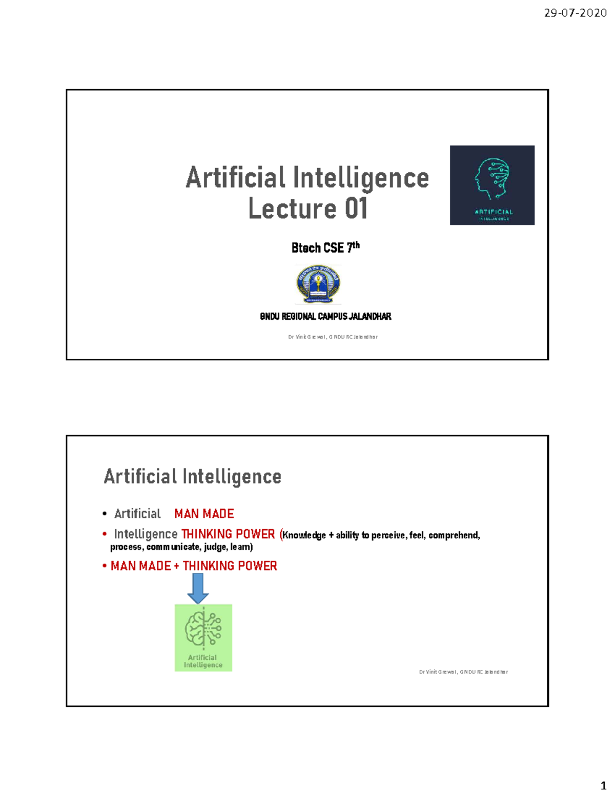 Artificial Intelligence Lecture 01 Notes BTech CSE GNDU Jalandhar - Studocu