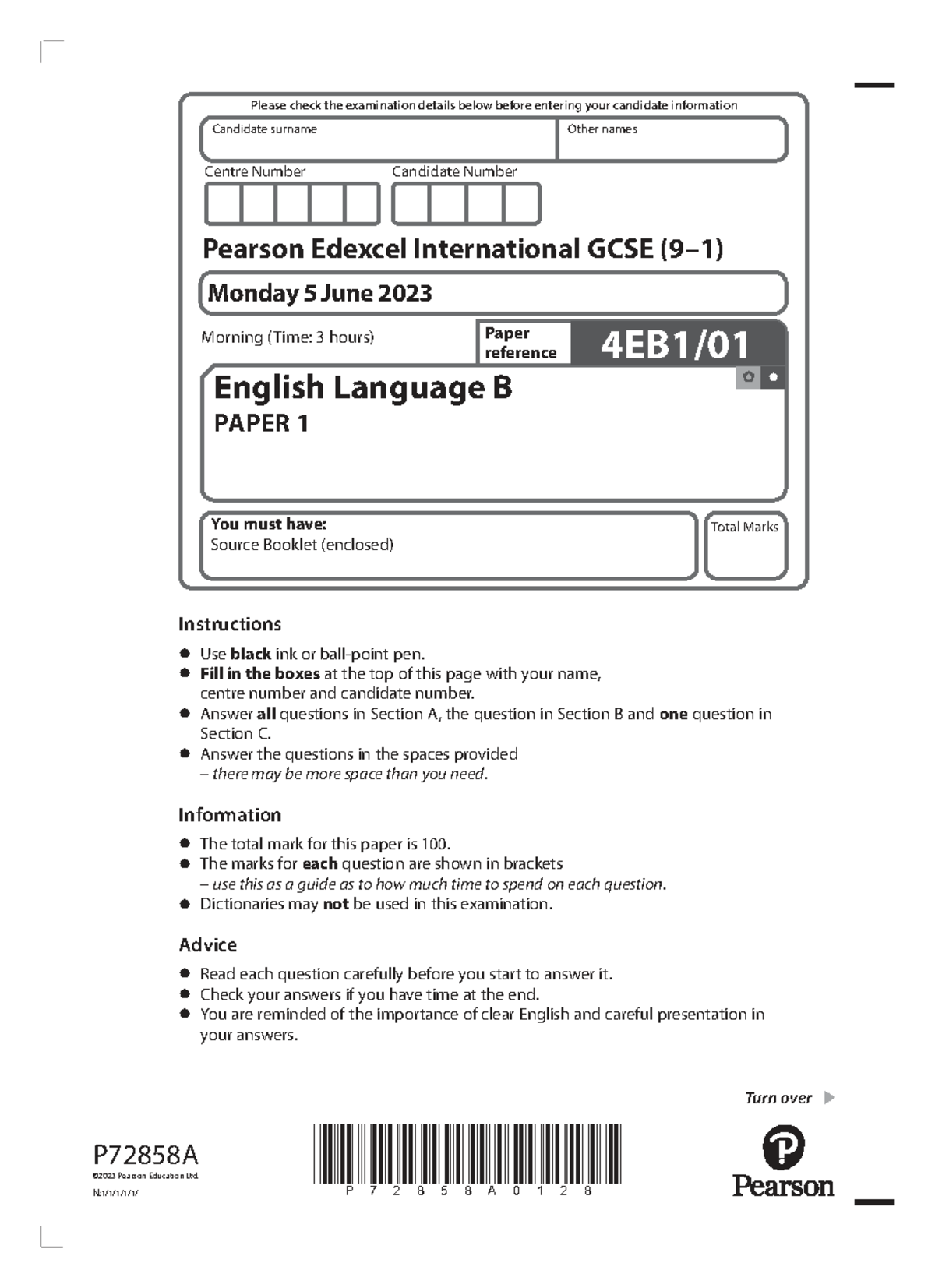 Edexcel International GCSE English Language B Paper 1 Exam Instructions ...
