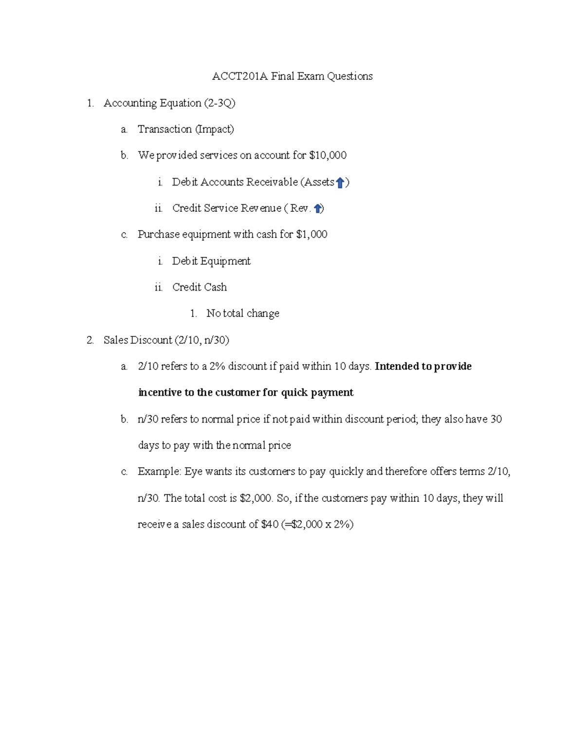 ACCT201A Final Exam Study Guide and Key Questions - Studocu