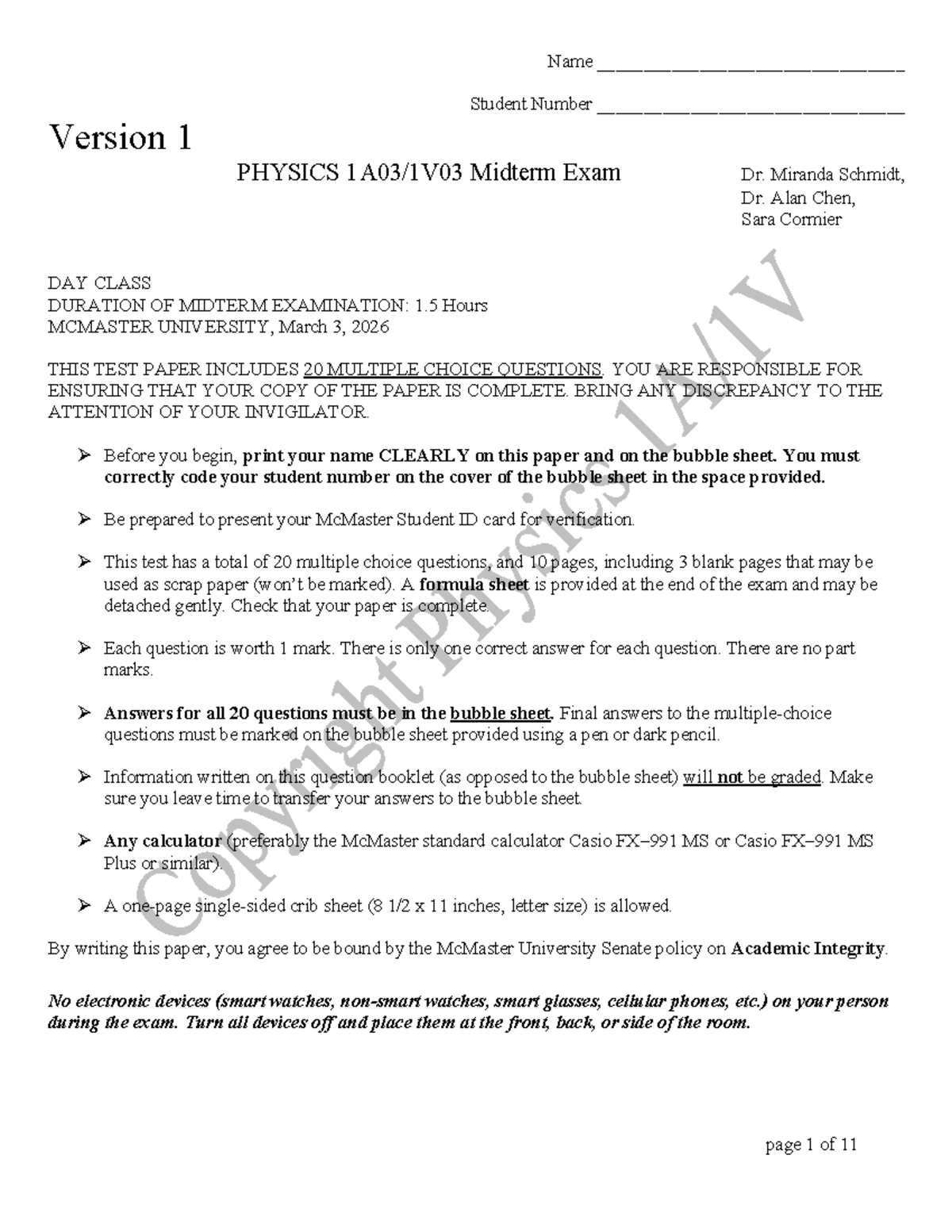 PHYSICS 1A03 Midterm Exam Answers Version 1 W26 - Studocu