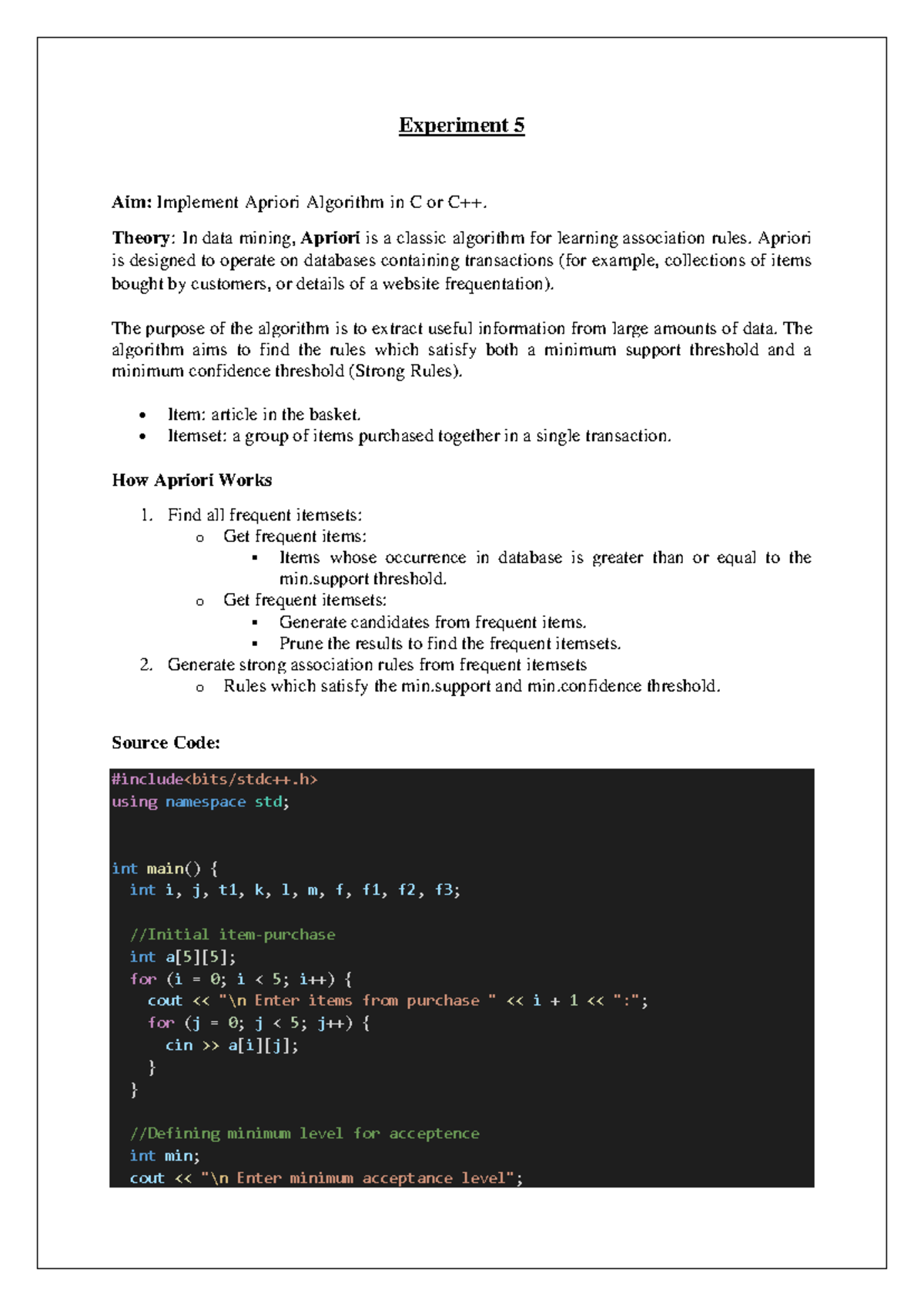 DT601 Apriori Algorithm Implementation in C++ for Data Mining - Studocu