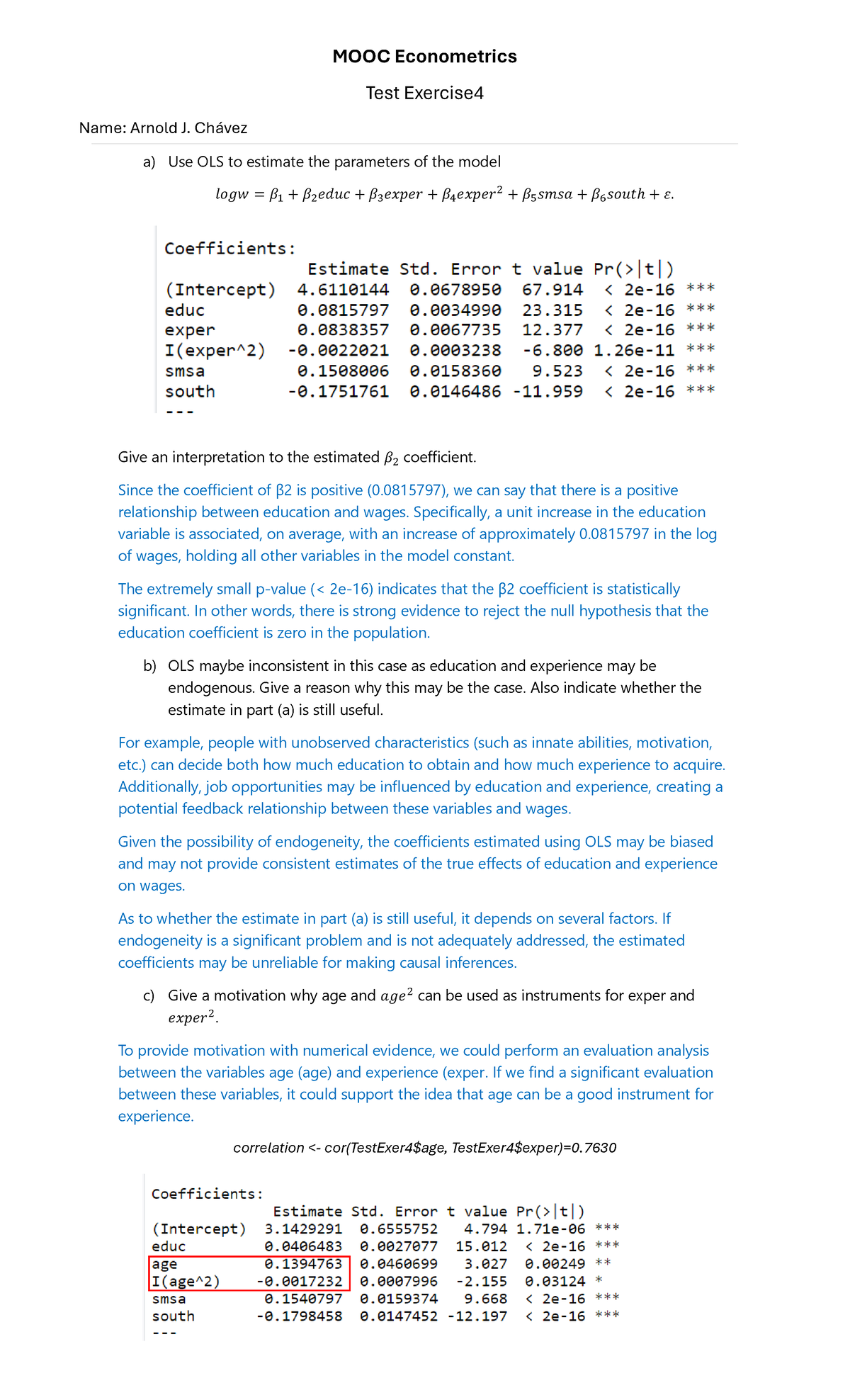 MOOC Econometrics: Test Exercise 4 Analysis and Results - Studocu