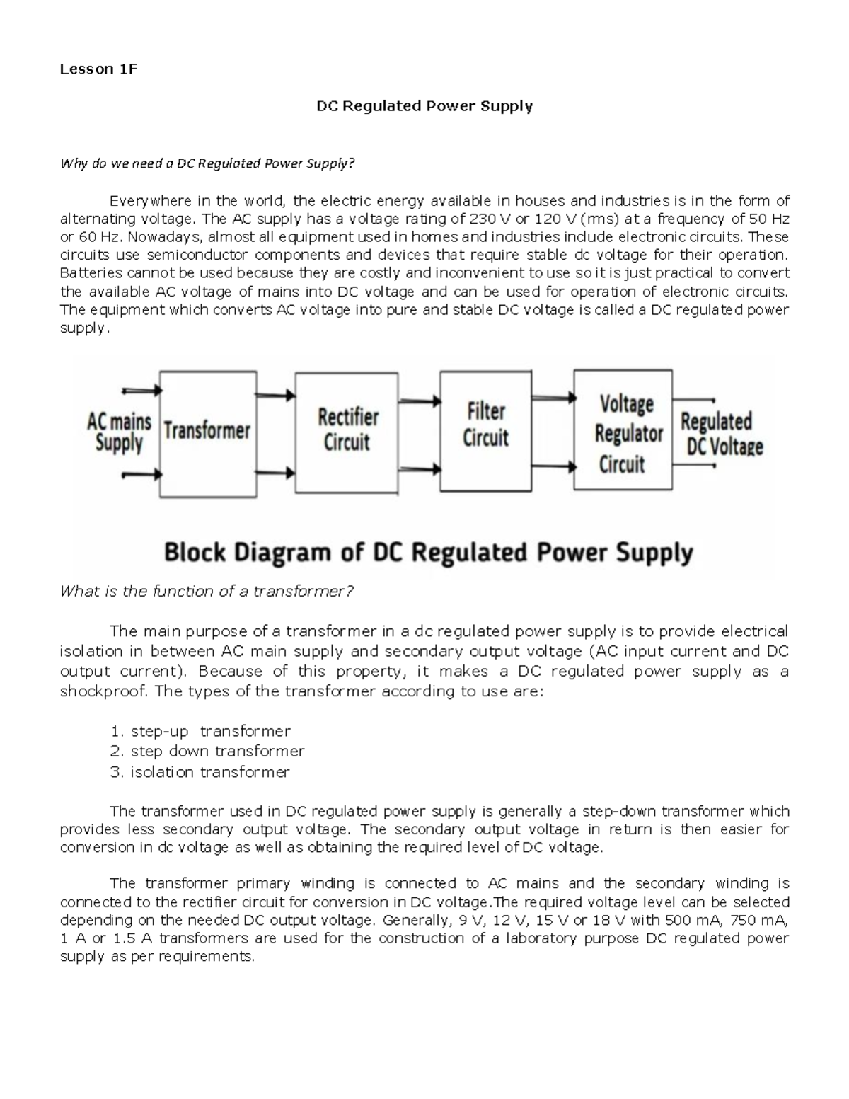 DC Regulated Power Supply - Lesson 1F DC Regulated Power Supply Why do ...