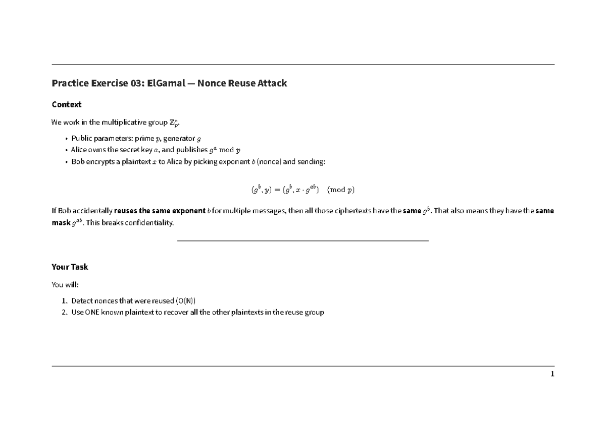 Practice Exercise 03: ElGamal Nonce Reuse Attack Analysis - Studocu