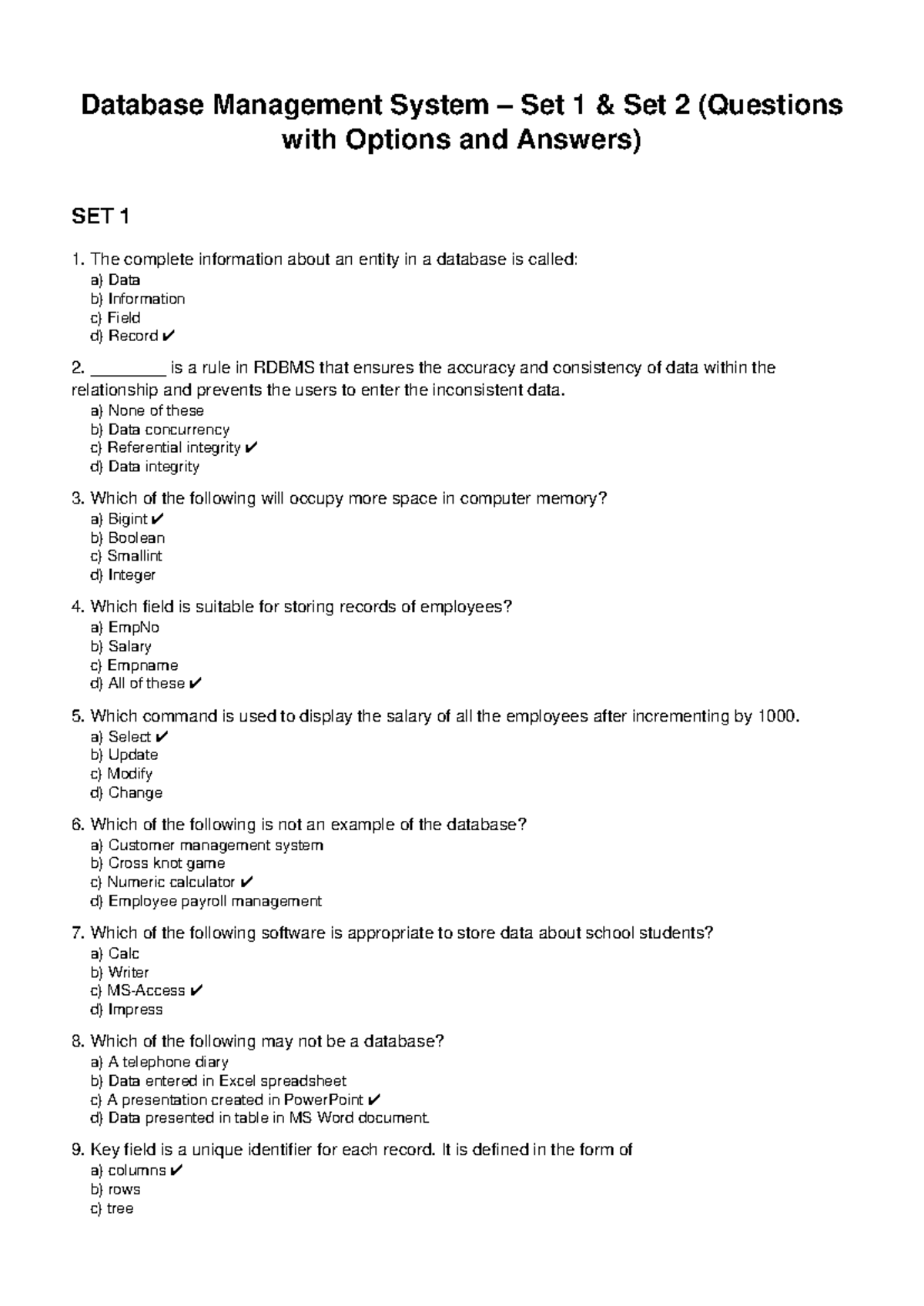 DBMS Set 1 & Set 2: Questions with Options & Answers - Studocu