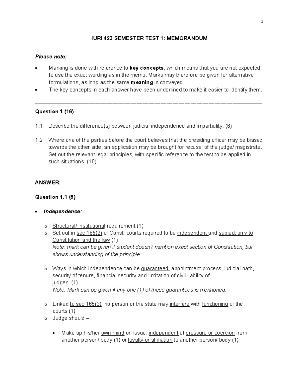 IURI 423 Semester Test 1 Memorandum - Key Concepts and Analysis - Studocu
