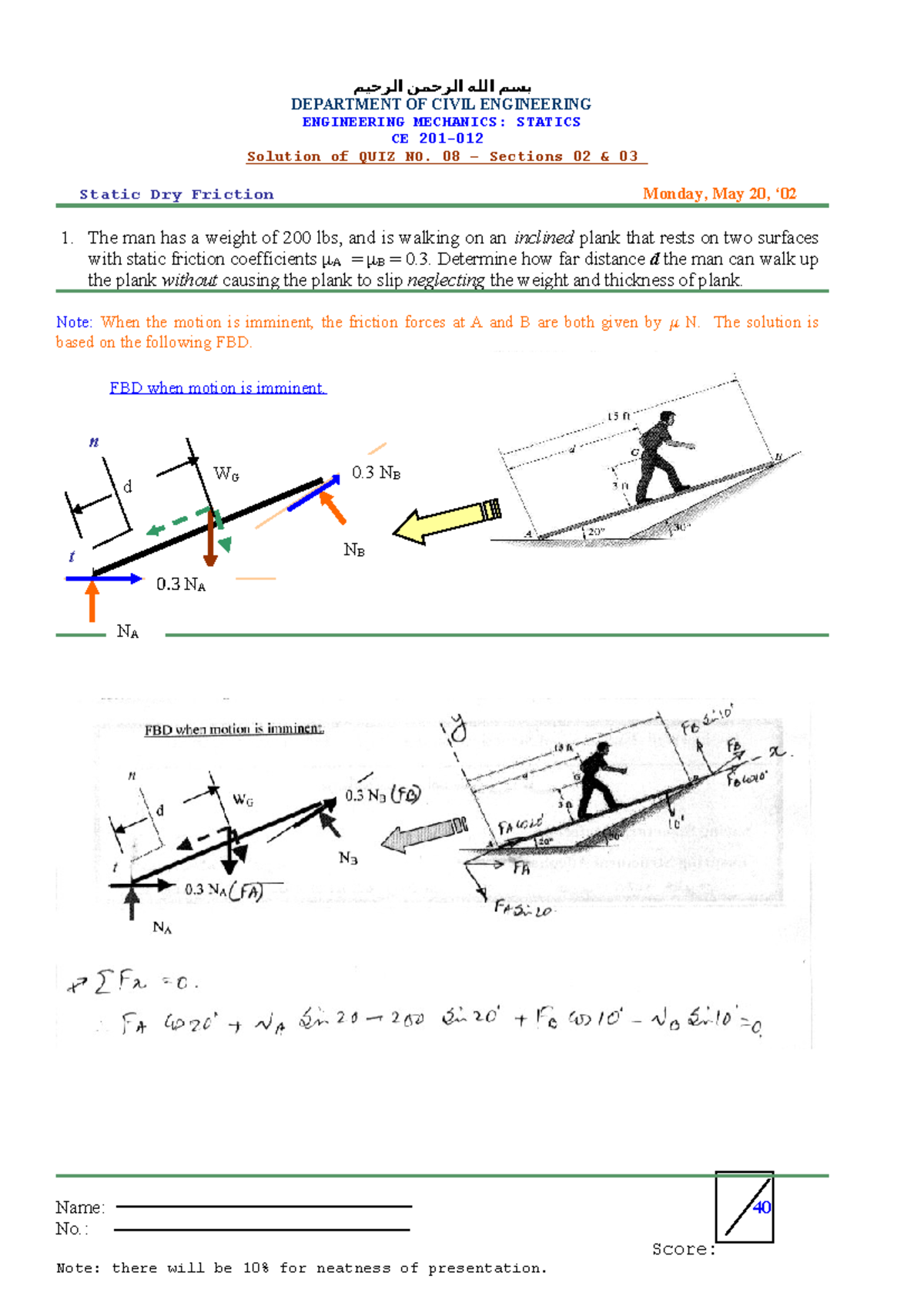 CE Engineering Mechanics: Statics Quiz 08 - Static Dry Friction ...