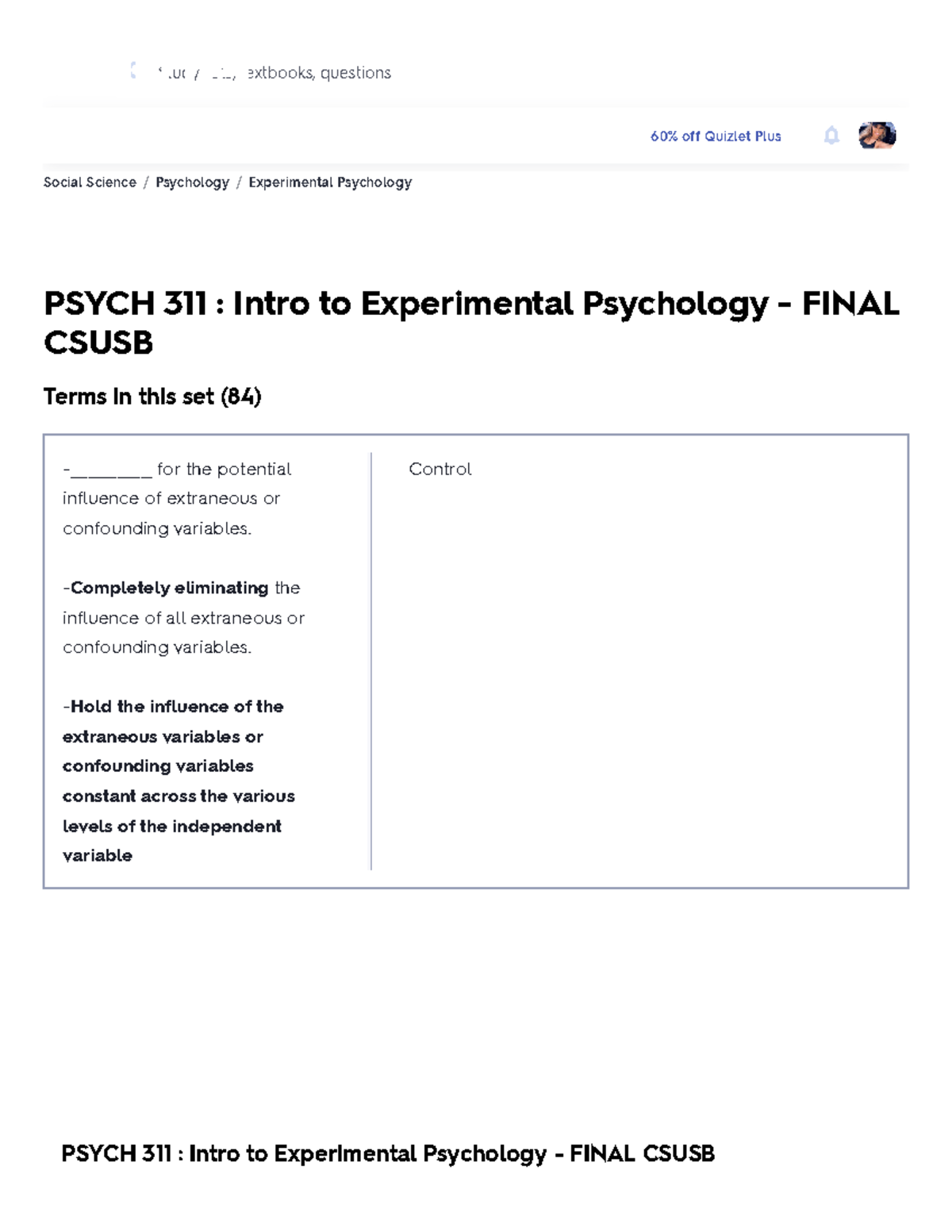 Psych 311 Experimental Psychology - Final Flashcards Review CSUSB - Studocu