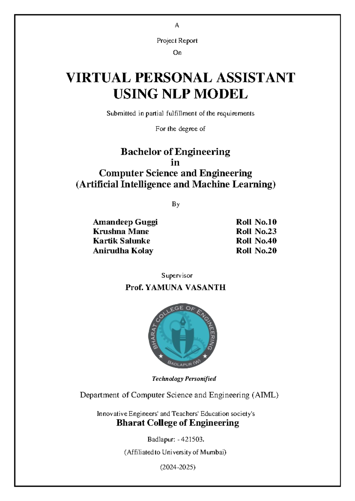 Final Project Report on Virtual Personal Assistant Using NLP Model (CSE ...