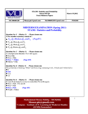 Assignment No 1 Sta301 Solution Assignment No 1 Statistics And Probability Sta Student Name Assignment No 1 Sta301 Solution Assignment No 1 Statistics And Probability Sta Student Name