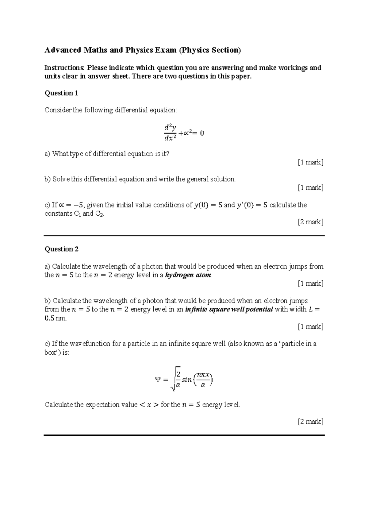 AMP Exam 2024 Questions-1 - Advanced Maths and Physics Exam (Physics ...