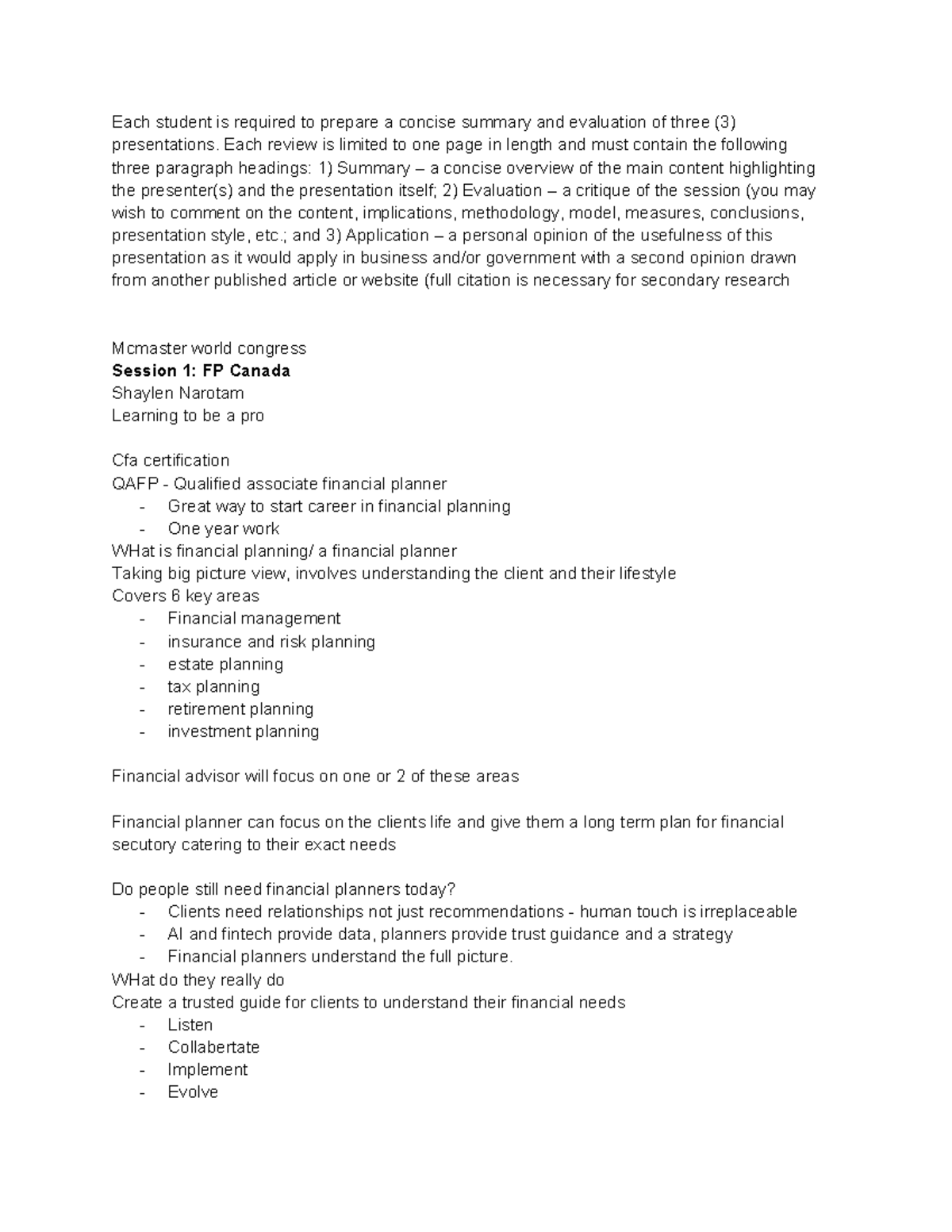 Mcmaster World Congress: Summary & Evaluation of 3 Presentations - Studocu