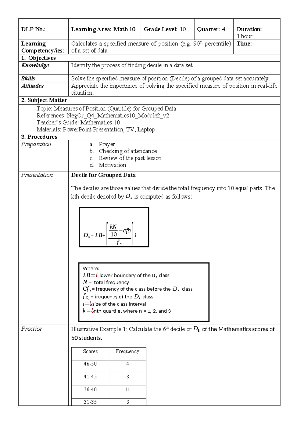 W3 D2 - Math 10 Lesson Plan: Measures of Position (Deciles) - Studocu