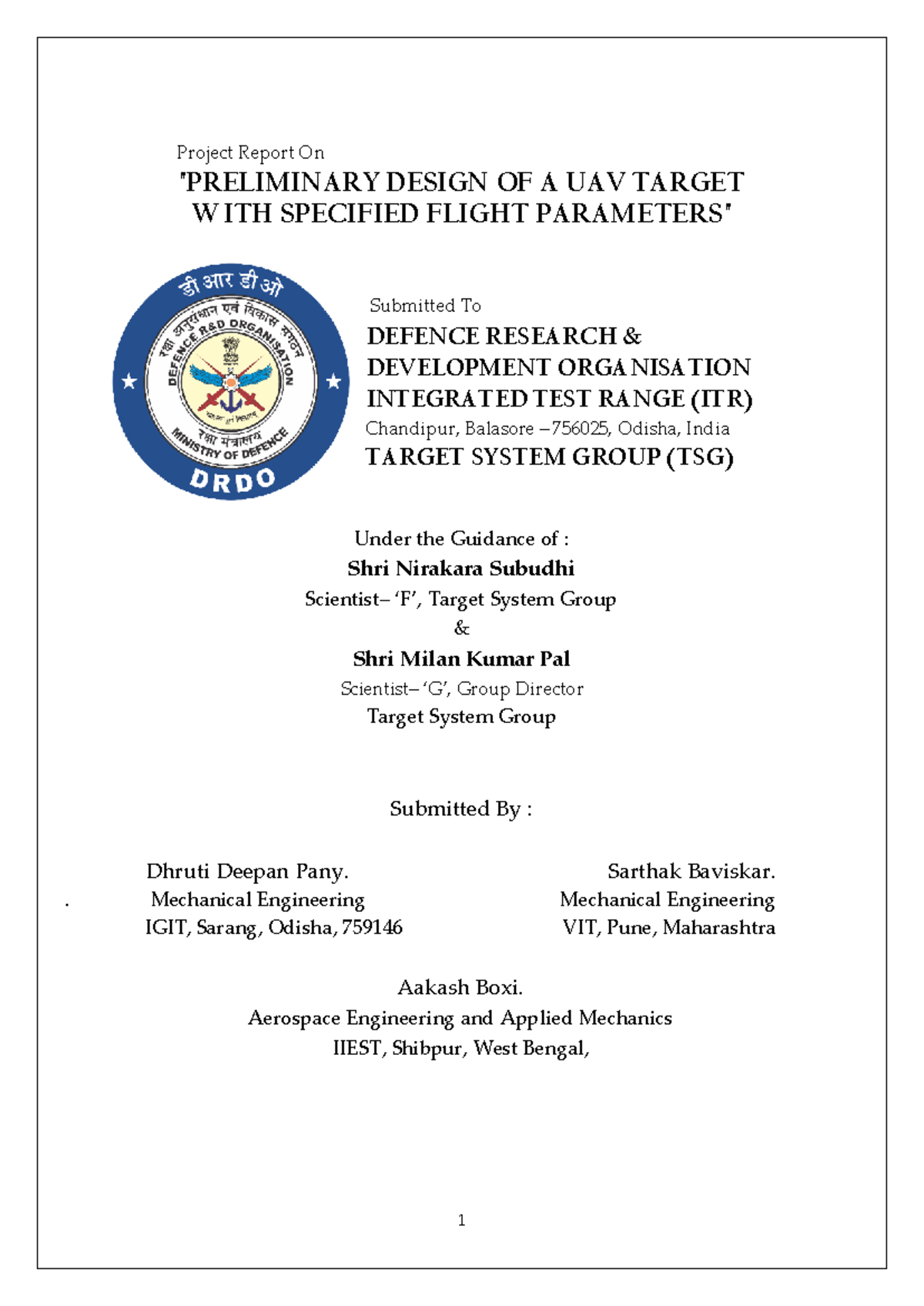 Final Project Report on UAV Target Design for DRDO ITR Internship - Studocu