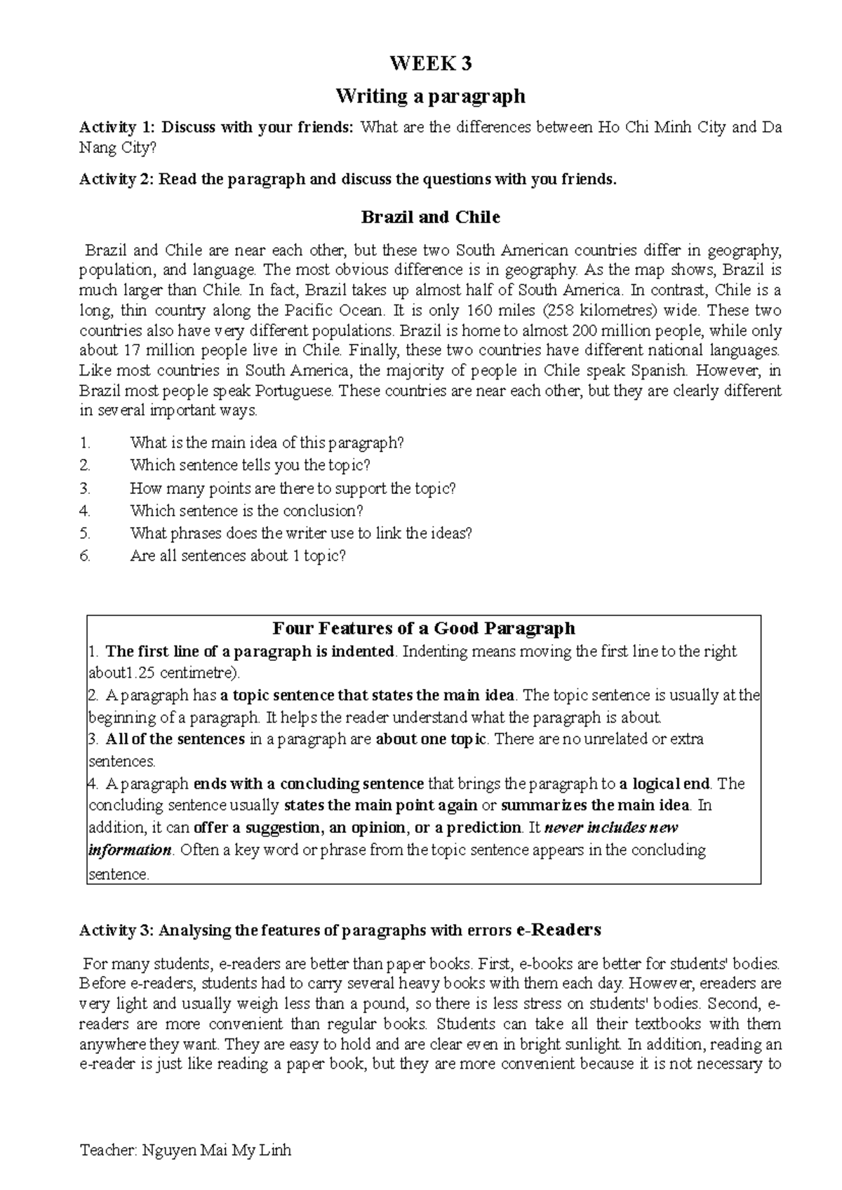 Unit 3 Writing a Paragraph: Activities on Comparing Cities and Errors ...