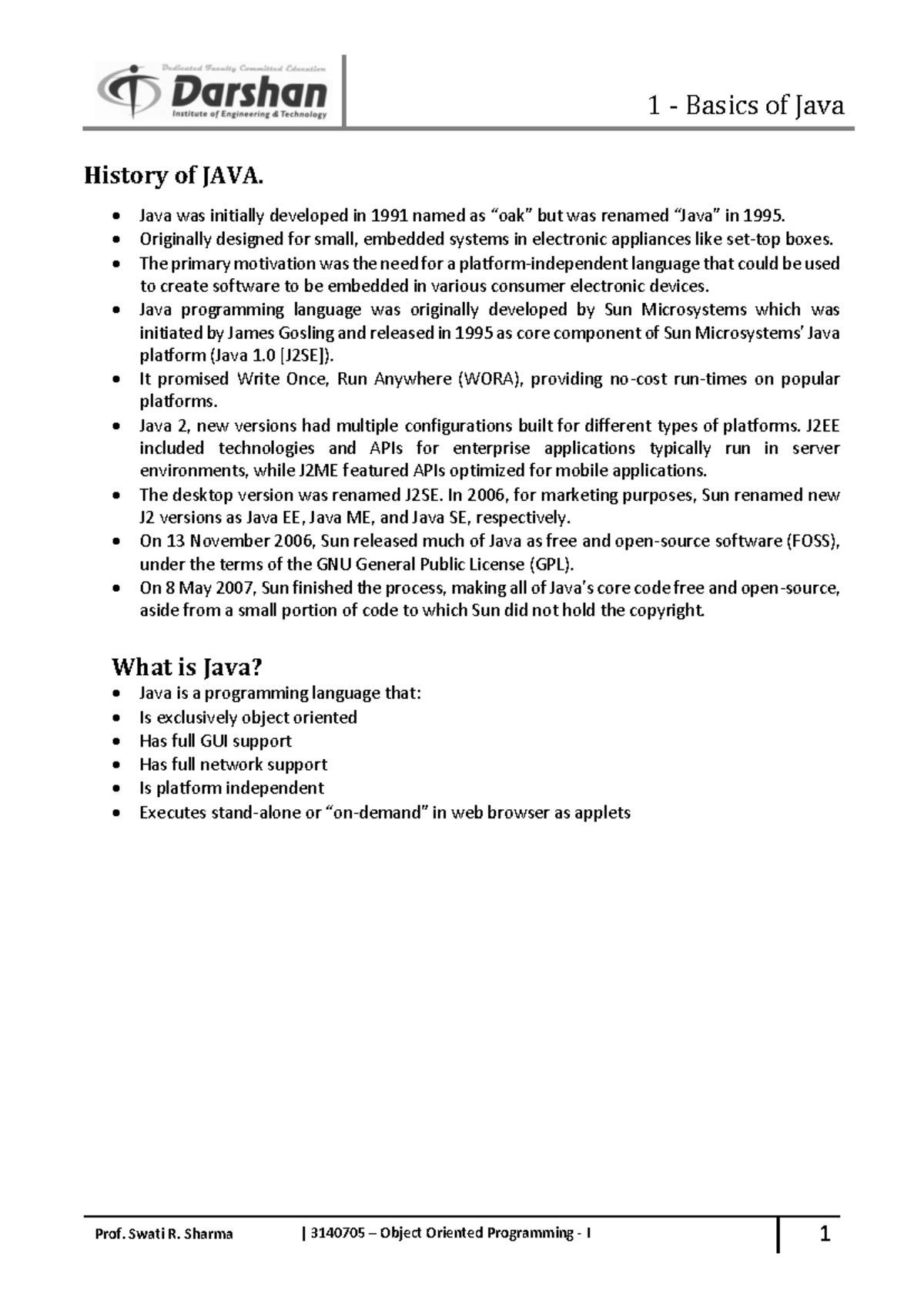 3140705 OOP-I Final Exam Notes: Basics of Java and Operators - Studocu