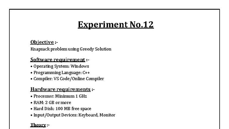 Experiment No.12: Greedy Solution for Knapsack Problem - Studocu