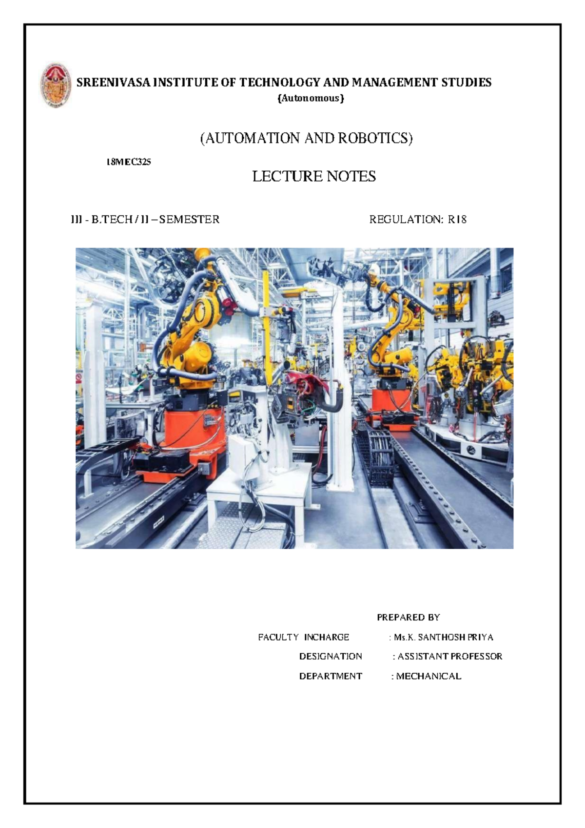 Automation and Robotics Lecture Notes (18MEC325) - Module 1 - Studocu