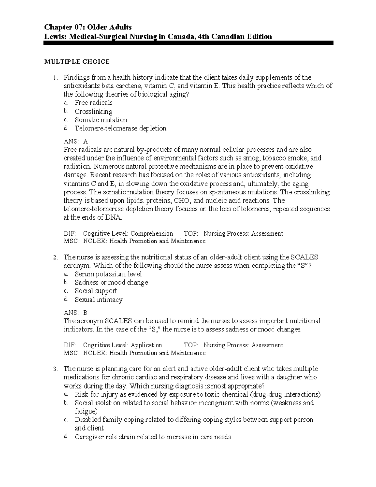 Chapter 07: Older Adults - Test Bank for Medical-Surgical Nursing in ...