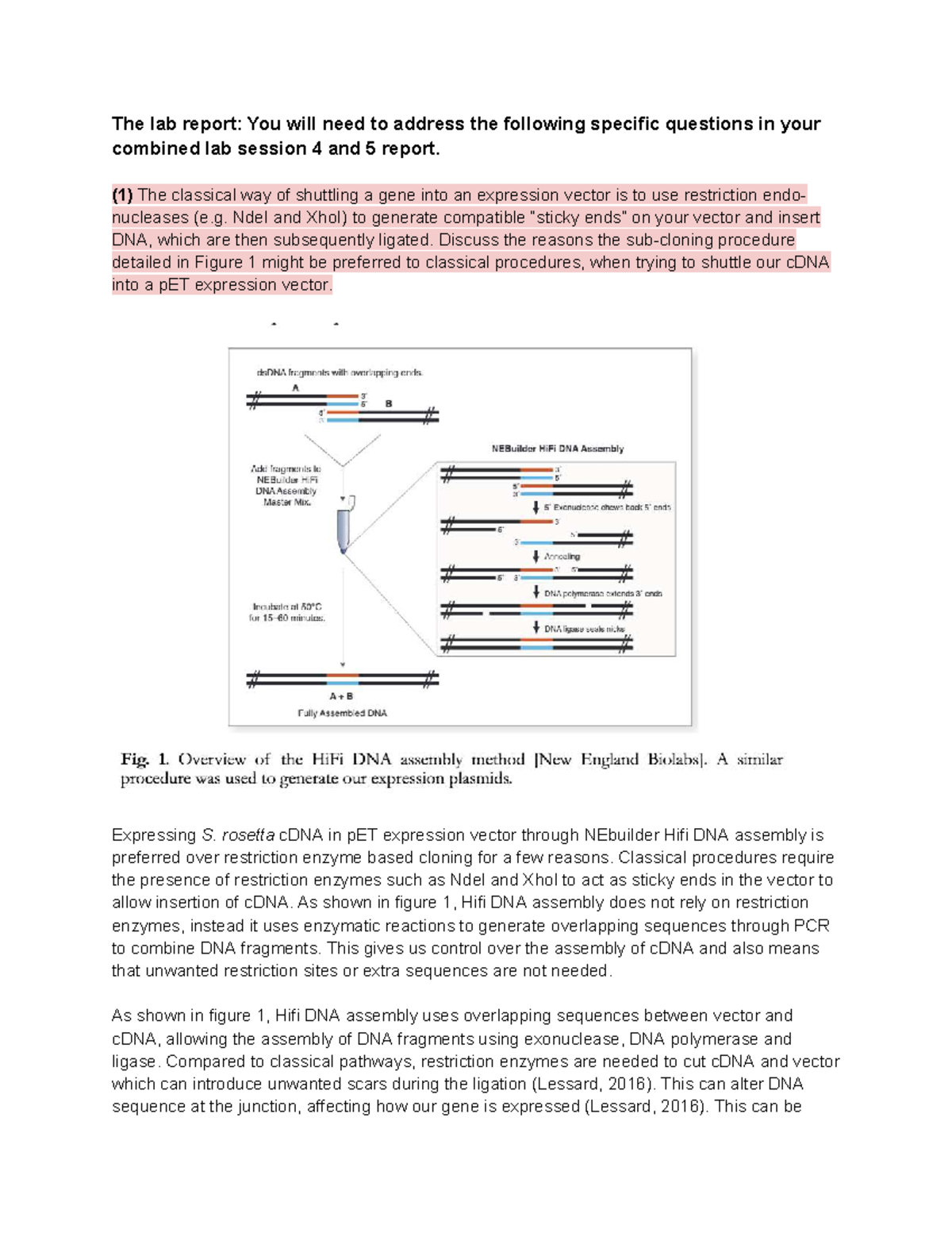 Lab Report 4 & 5: Hifi DNA Assembly vs Classical Cloning Methods - Studocu