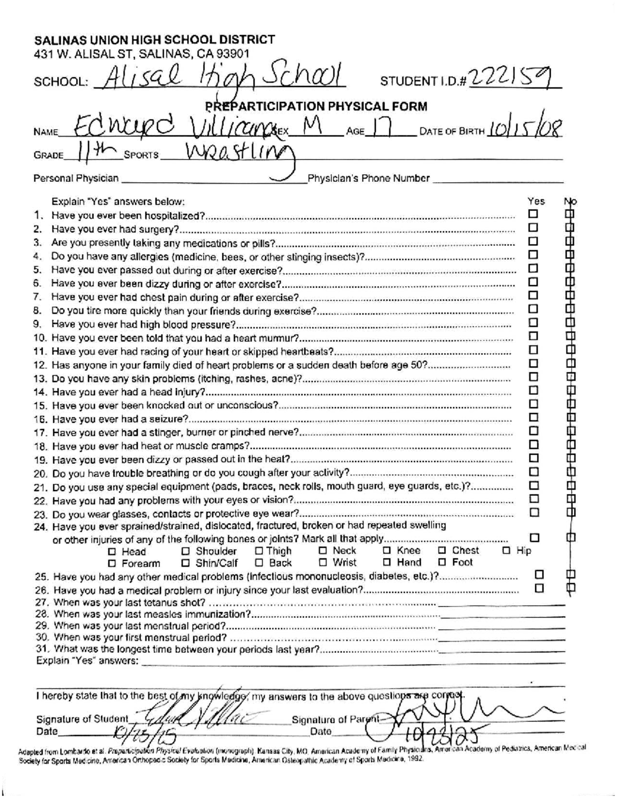 Participation Physical Form for Sports - Salinas Union High School ...